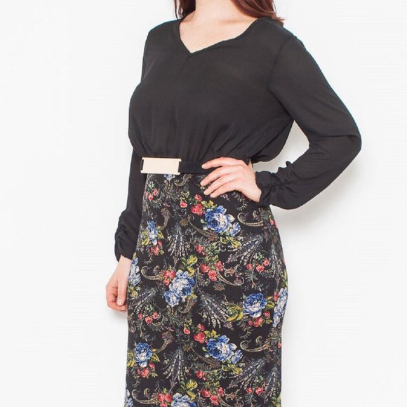 Blue Bell Ladies Sheath Dress V-Neck Long-Sleeve Black Floral Size XL NWOT - Picture 5 of 5